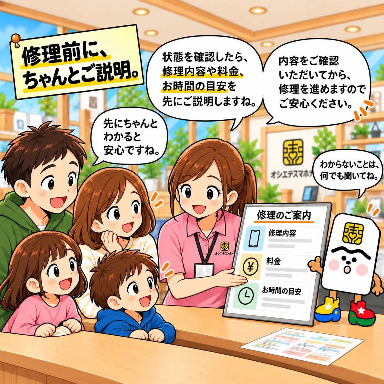 修理前に費用と内容を説明するスタッフとマッスーくんの漫画