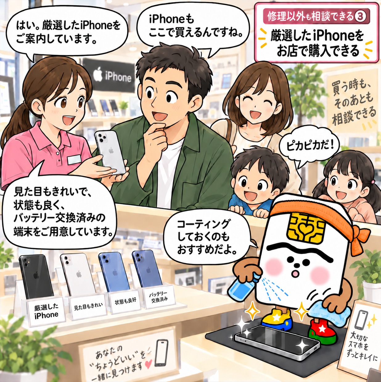 中古iPhoneを案内するスタッフとマッスーくんの漫画